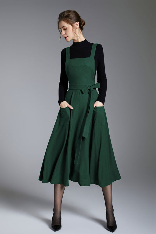 Green Linen Pinafore Dress – Handmade Midi Apron Dress 6673