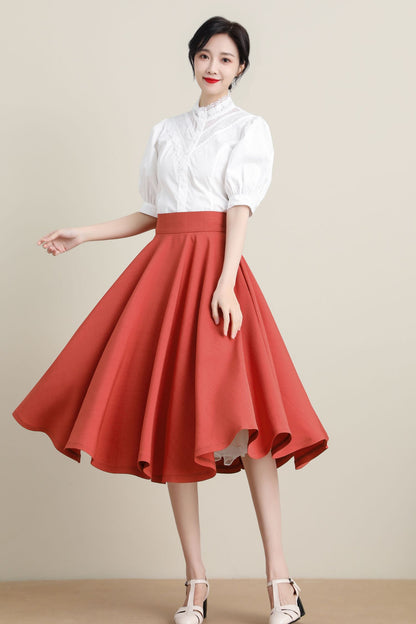 Orange Cotton Midi Skirt - High Waist Retro Circle Swing | Xiaolizi 3312