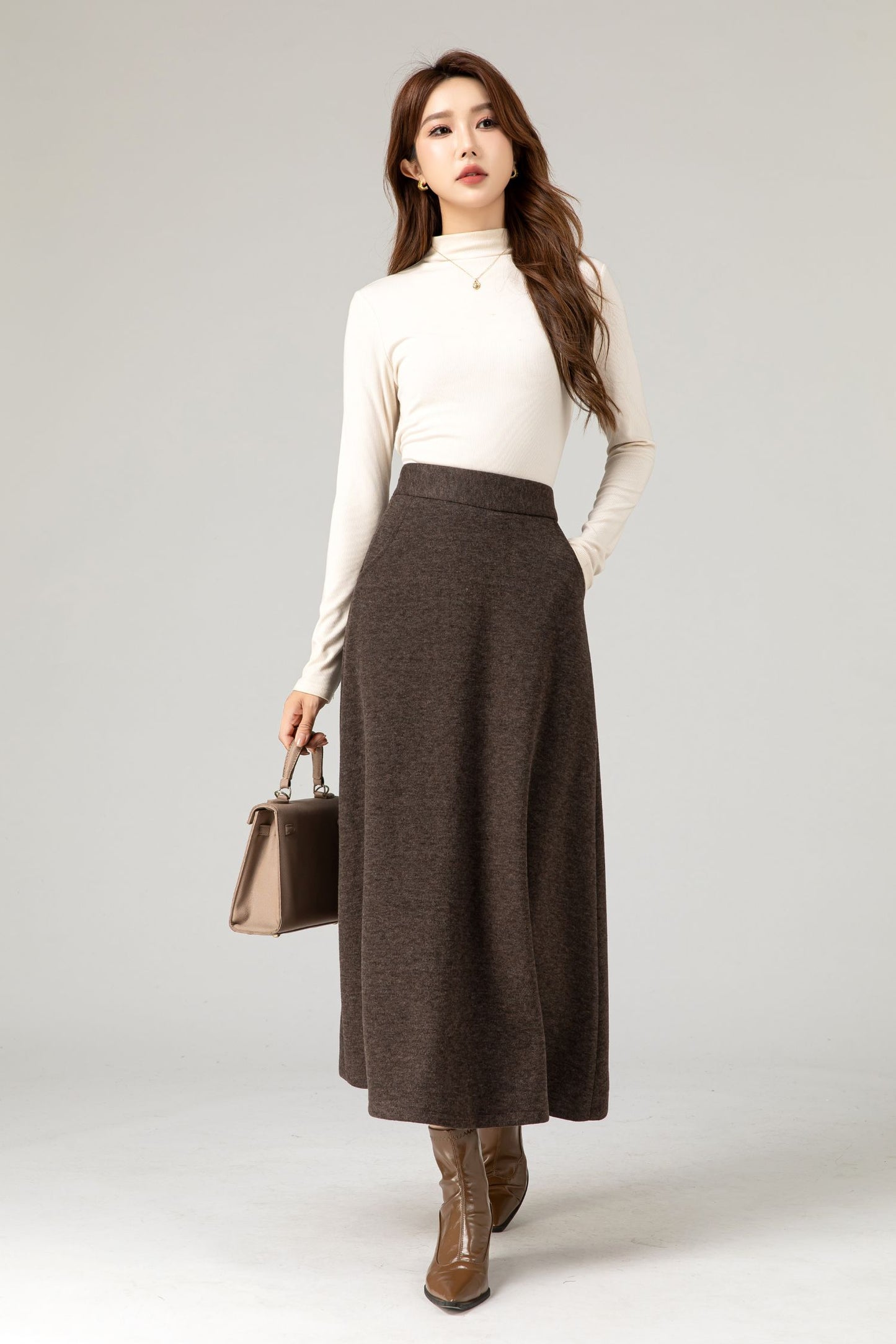 Brown a line winter wool skirt women 5483