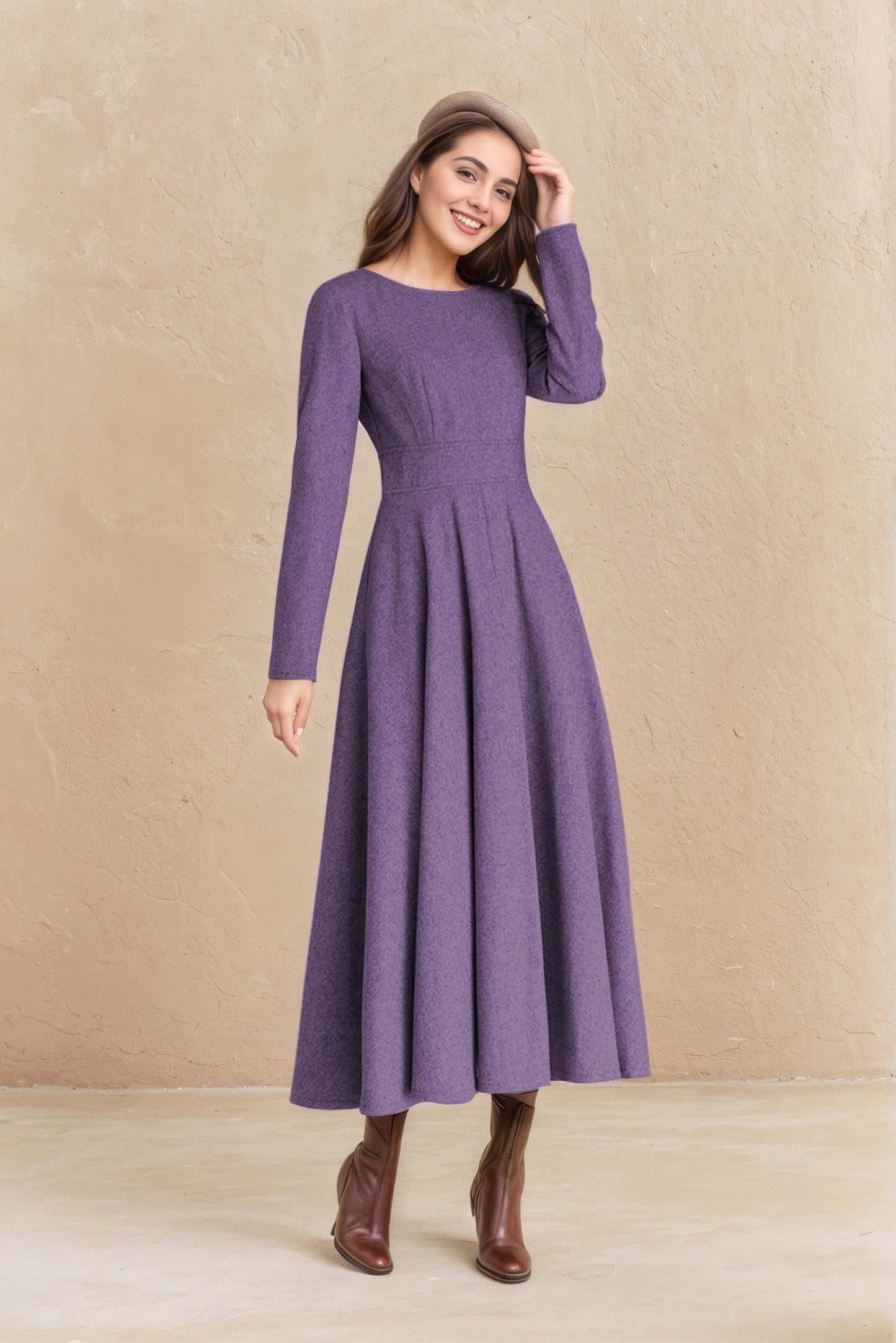 Vintage Purple Wool Midi Dress – Handmade Fit & Flare Winter Dress | Xiaolizi 6515