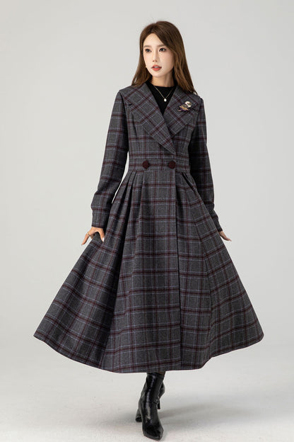 Handmade Plaid Wool Coat – Vintage Fit & Flare Double-Breasted Winter Overcoat | Xiaolizi 4607