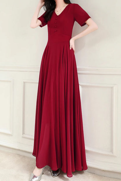 Burgundy fit and flare long chiffon dress 5101