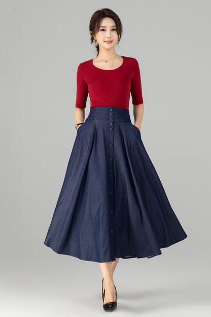 Navy Cotton Denim Midi Skirt - A-Line High Waist Button Front 6143