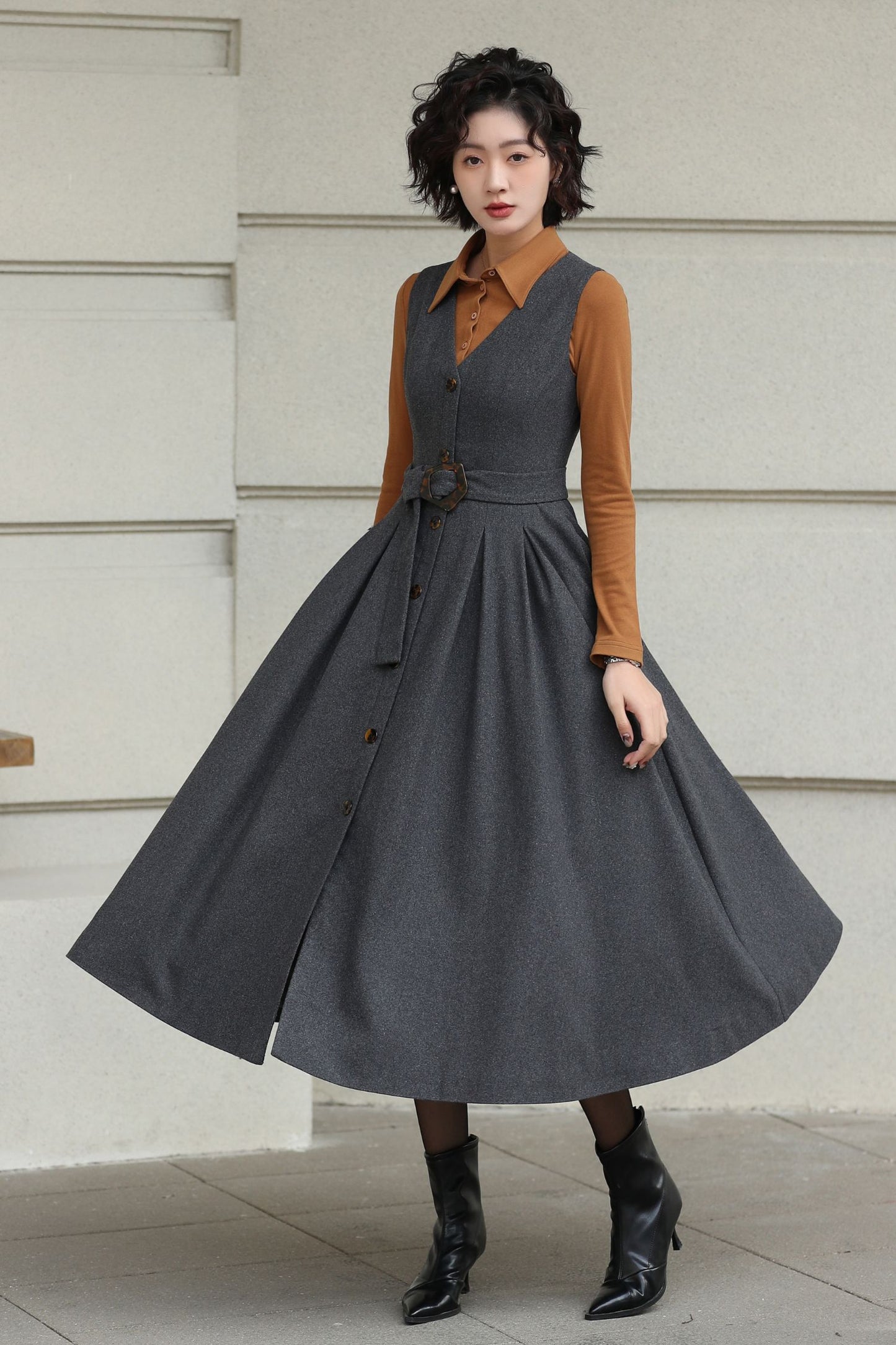 Gray Handmade Wool Pinafore Midi Dress – Vintage A-Line Style 6614