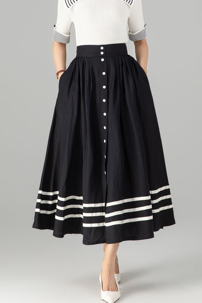 Stylish Button-Up Linen Skirt with Striped Hem 5712 -XS #CK2500362