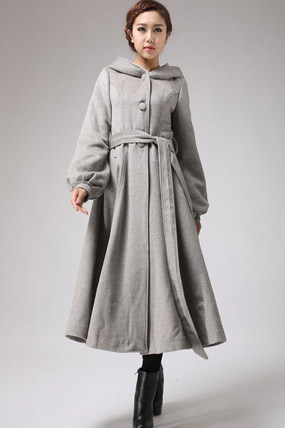 Handmade Grey Wool Coat with Hood – Belted Lantern Sleeve Long Winter Overcoat | Xiaolizi 0708