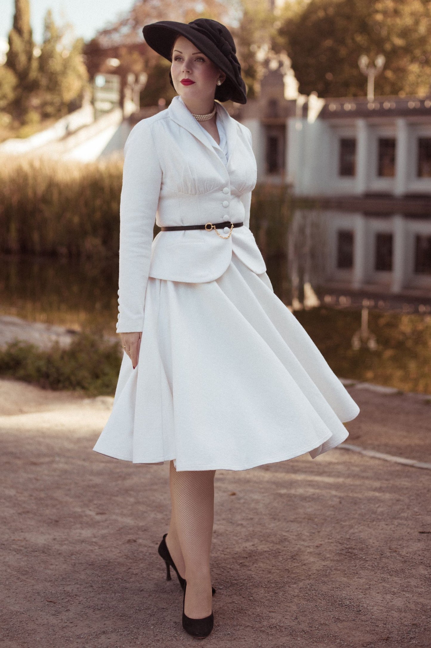 White Wool Two Piece Set – Handmade Vintage Tailored Blazer and Midi Skirt Suit for Women 6540