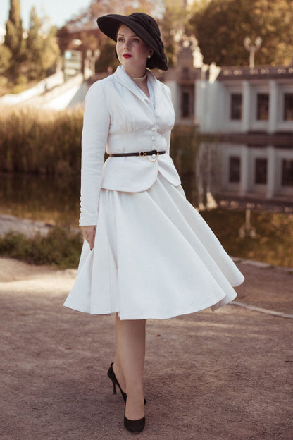 White Wool Two Piece Set – Handmade Vintage Tailored Blazer and Midi Skirt Suit for Women 6540