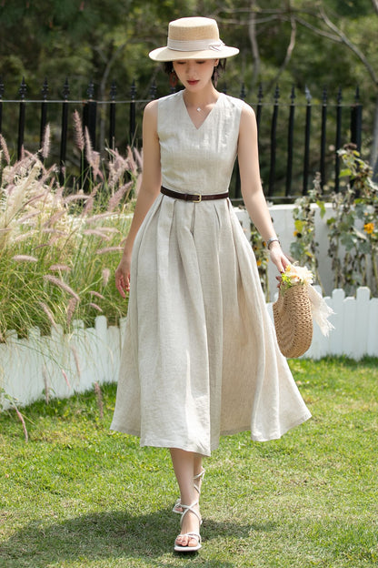 Beige Linen Midi Dress - Sleeveless V-Neck | Xiaolizi 6746 - Size XS #CK2600255