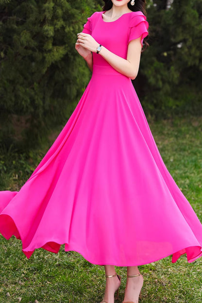 Rose Red Chiffon Maxi Dress - Flowing Skirt, Short Sleeve 5103