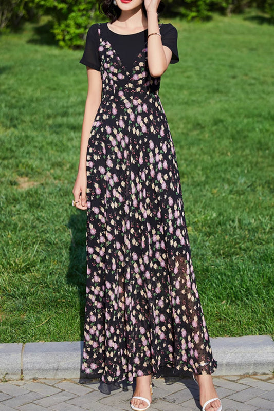 Black floral printed maxi summer chiffon dress 5086