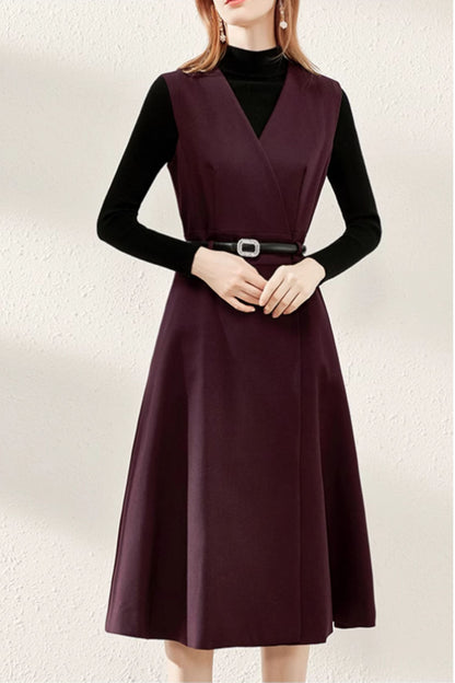 Burgundy Wool Blend Midi Dress – Sleeveless V-Neck Winter Dress with Pockets 5278