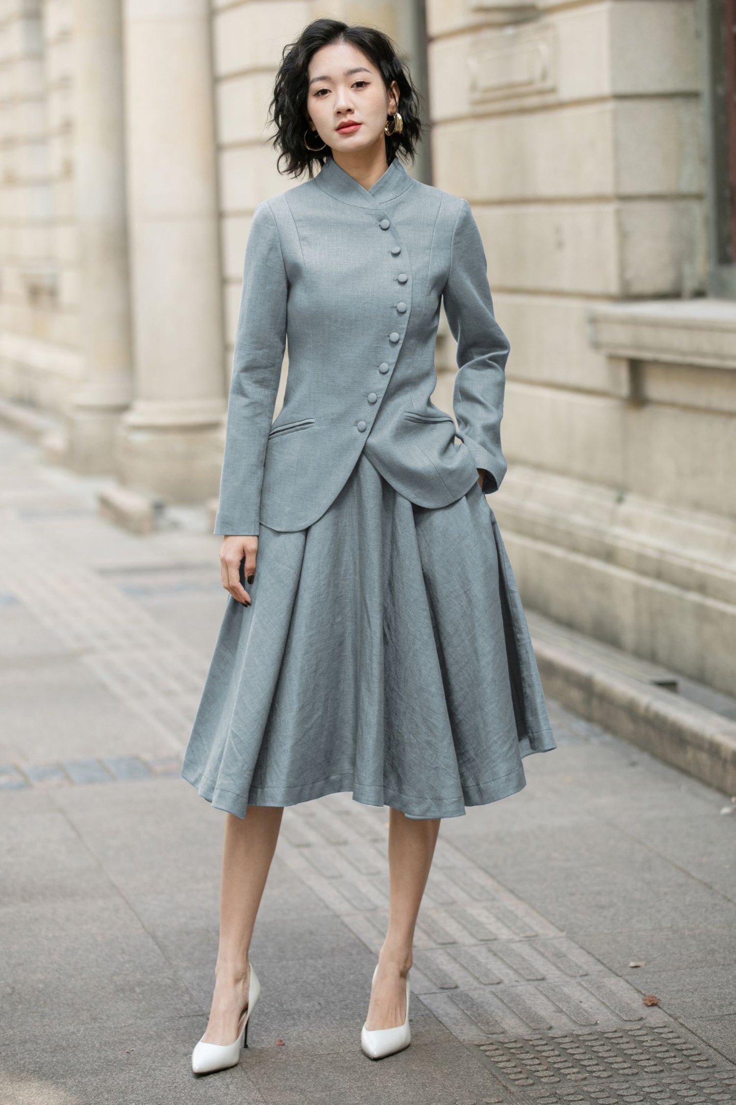 Linen Short Jacket – Button Closure with Lapel Collar and Side Pockets for Spring & Autumn 6709
