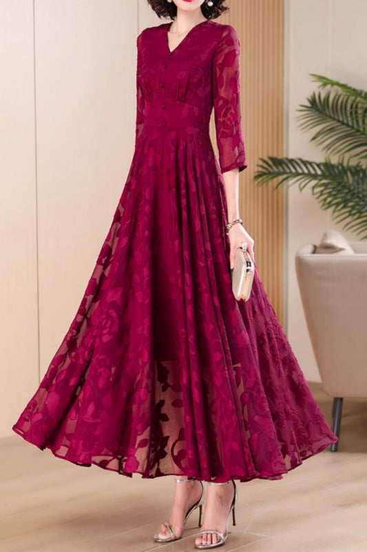 Burgundy maxi fit and flare long chiffon dress 5045