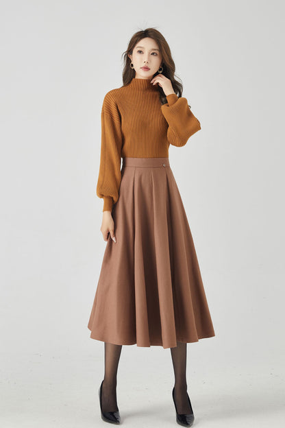 Vintage Swing Wool Skirt – Handcrafted Brown High Waist Midi Skirt for Autumn and Winter 4535