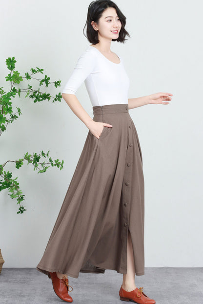 Beige Linen Cotton Maxi Skirt - High Waist Button Front 5731
