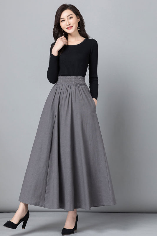 Gray High waist Long pleated Swing Skirt with pockets 2538
