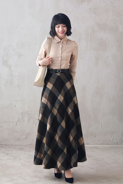 Plaid Wool Maxi Skirt – High Waist Vintage Winter Skirt Handmade 3108