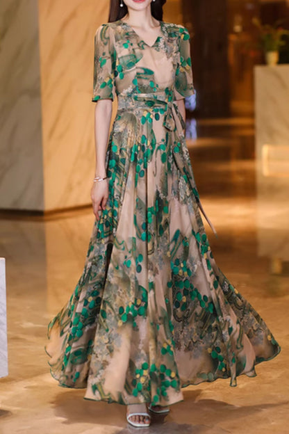Floral printed maxi elegant chiffon dresses 5013
