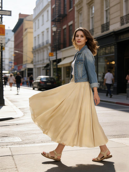 Beige Chiffon Midi Skirt – Flowing Elegant Style | Xiaolizi 6768