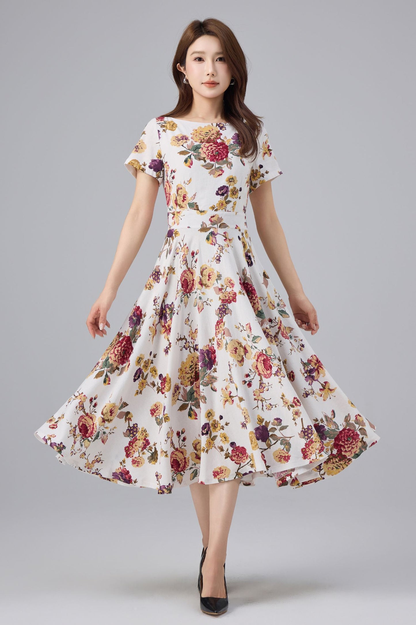 Floral Linen Cotton Midi Dress - Flattering Waist, A-line Swing | Xiaolizi 6762