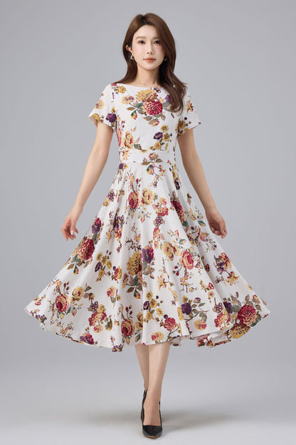 Floral Linen Cotton Midi Dress - Flattering Waist, A-line Swing | Xiaolizi 6762