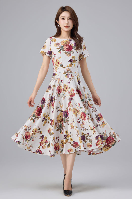 Floral Linen Cotton Midi Dress - Flattering Waist, A-line Swing | Xiaolizi 6762
