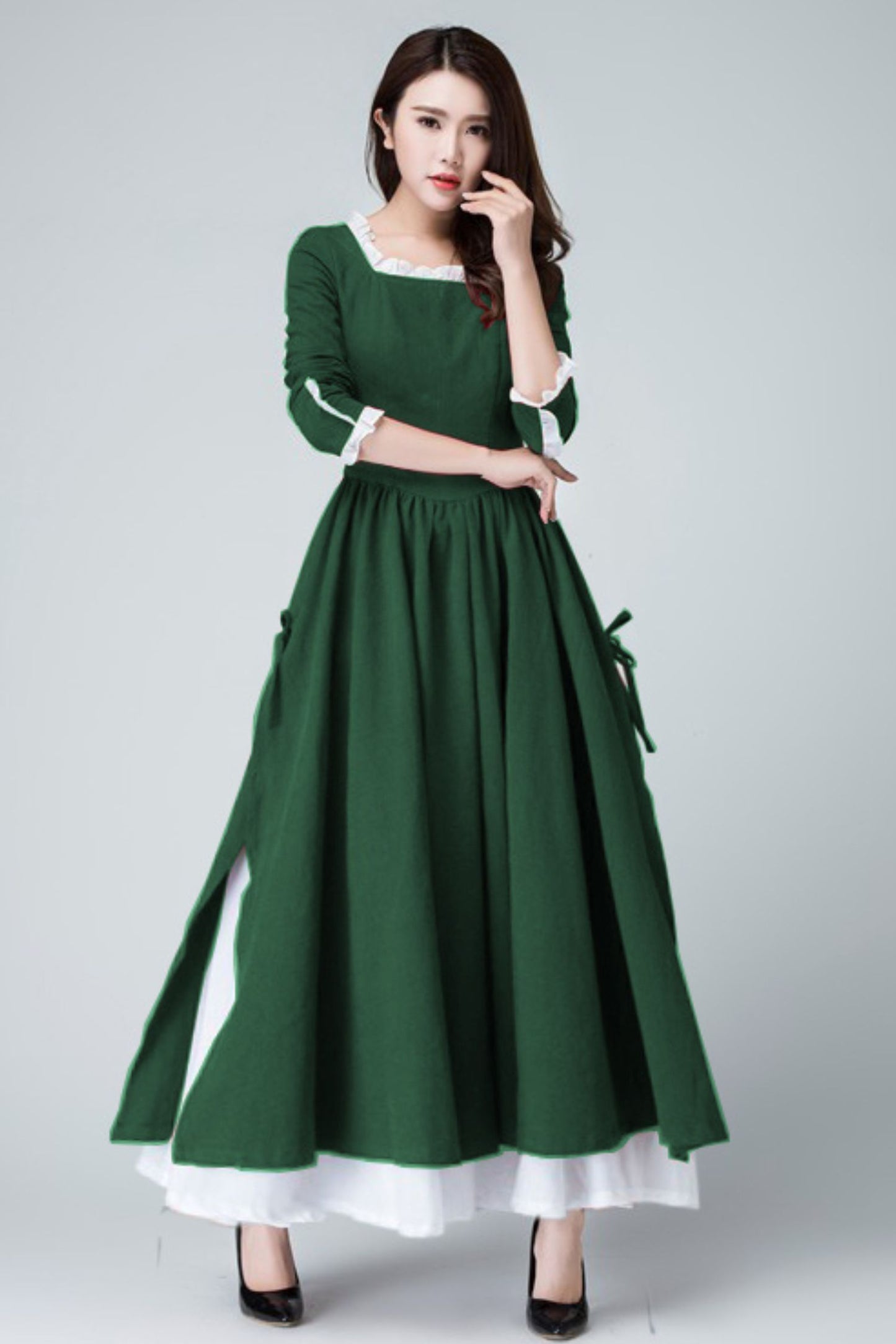 Xiaolizi Linen Maxi Dress – Vintage Green Fit and Flare Dress with chiffon hem 6317