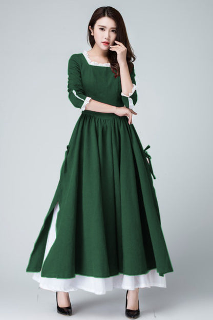 Xiaolizi Linen Maxi Dress – Vintage Green Fit and Flare Dress with chiffon hem 6317