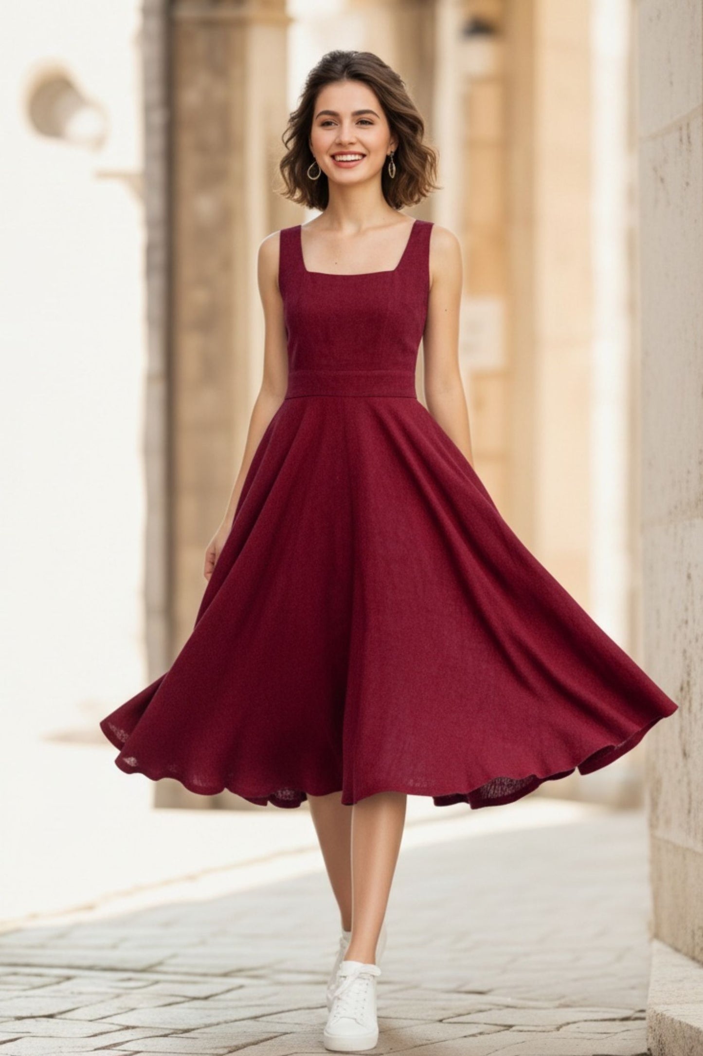 Handmade Linen Midi Dress – Vintage Fit and Flare Sleeveless Dress in Deep Red 6655
