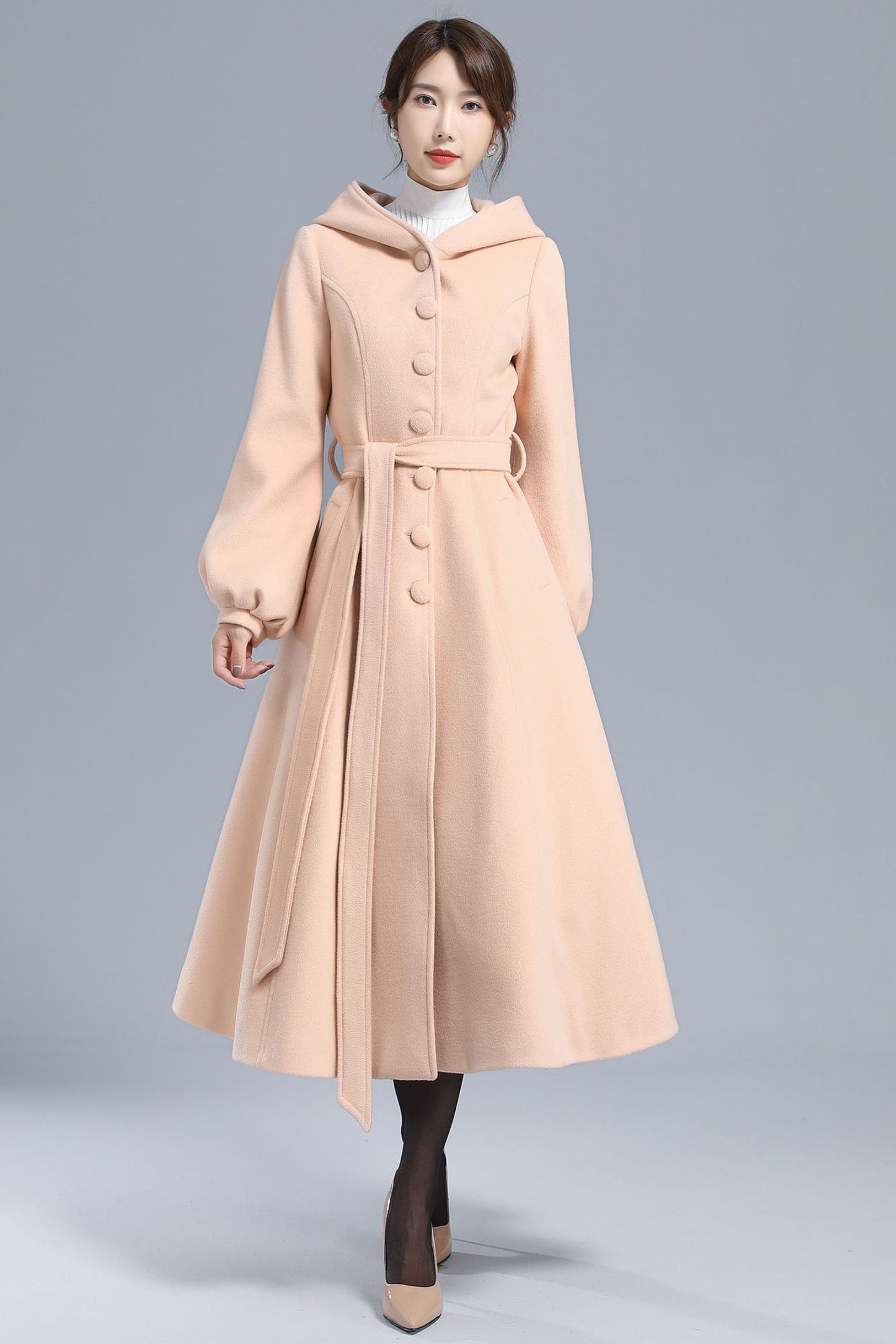 Hooded Lantern Sleeve Long Wool Coat 3210