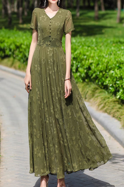 Olive Chiffon Maxi Dress - Fit and Flare Silhouette with V-Neckline 5085
