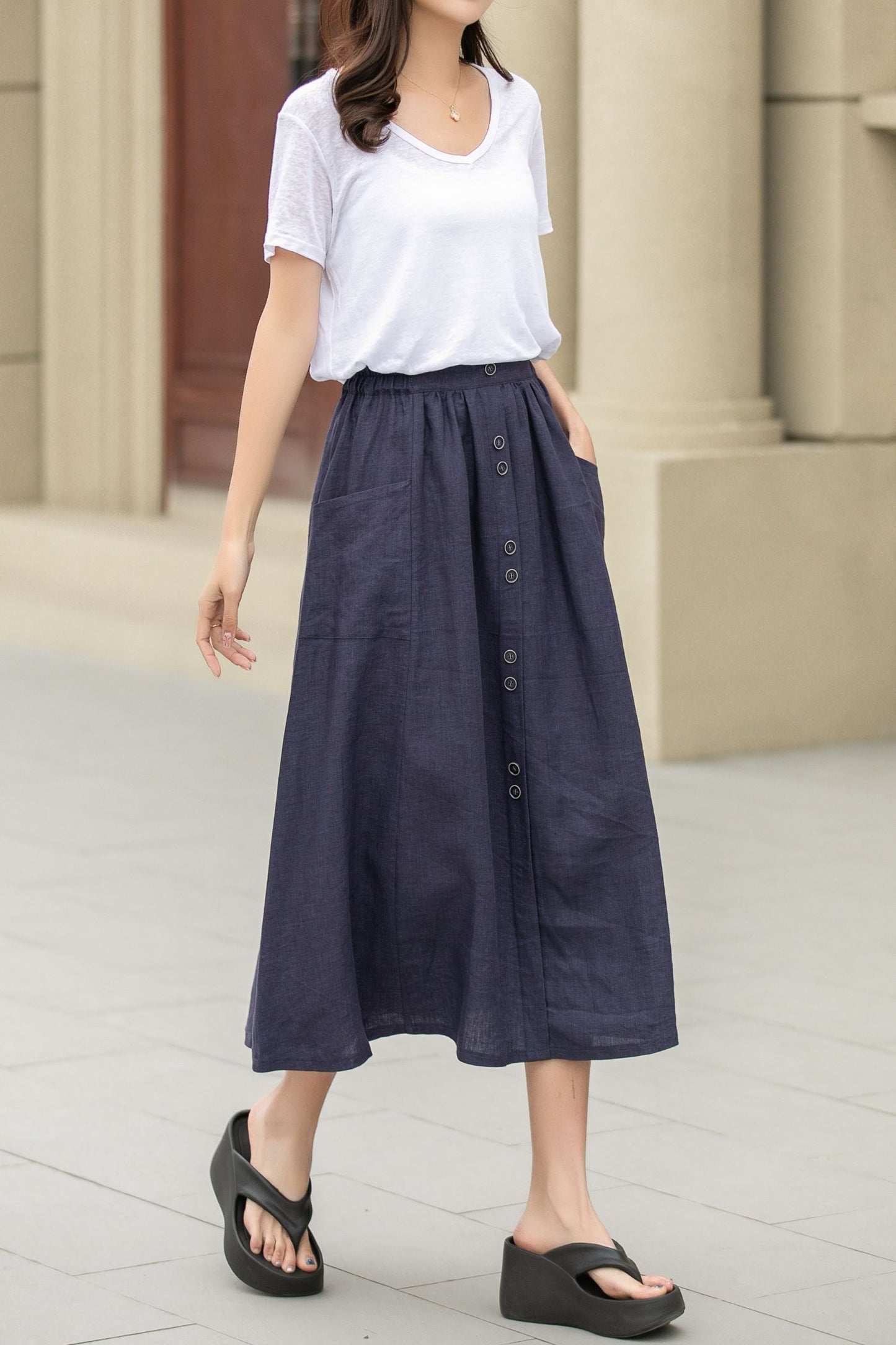 Button up midi summer linen skirt 4944