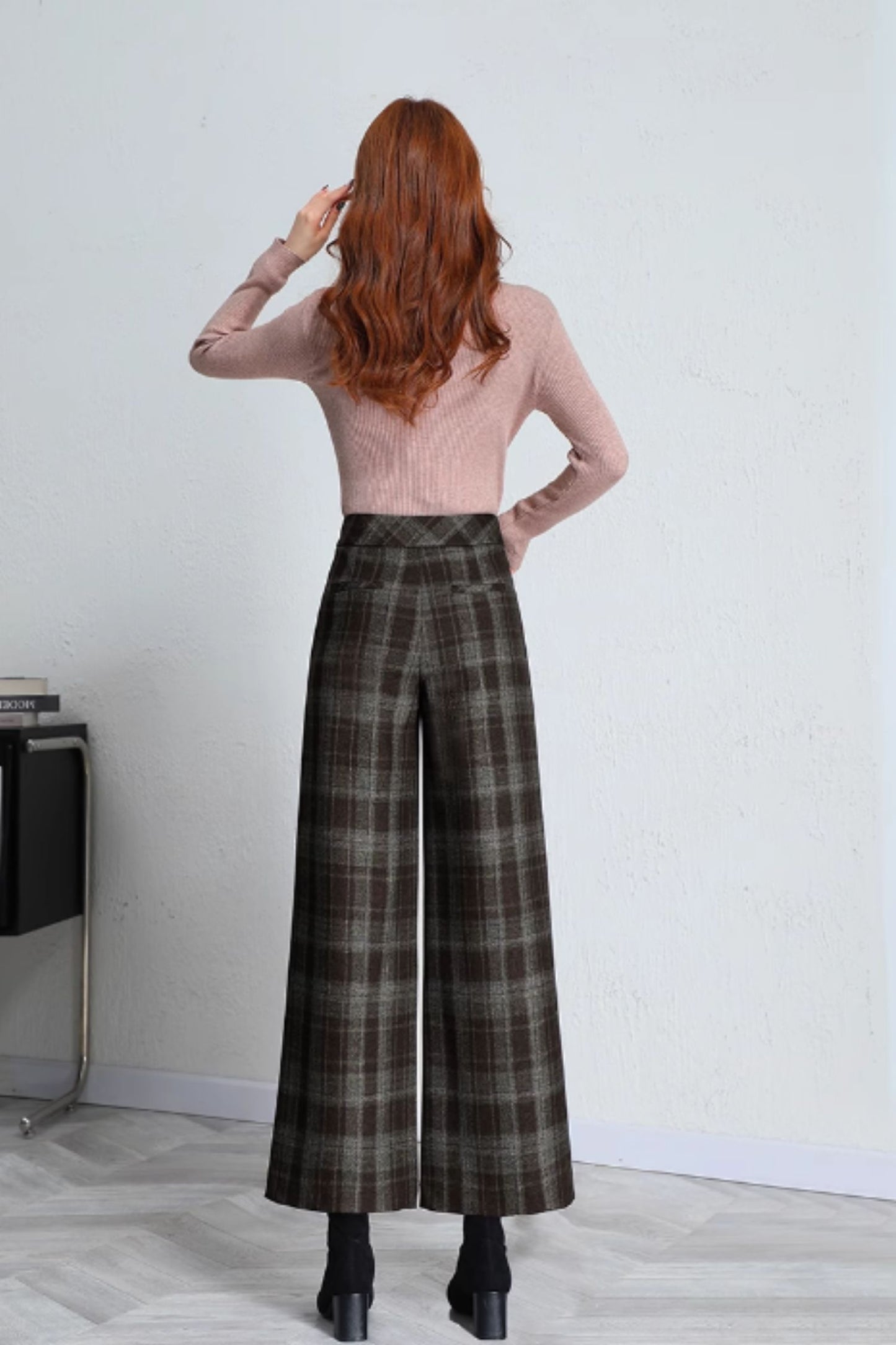 Wide leg winter plaid wool pants women 5417