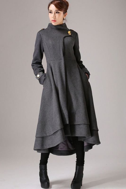 vintage inspired swing maxi dress coat with layered hem line 0761#