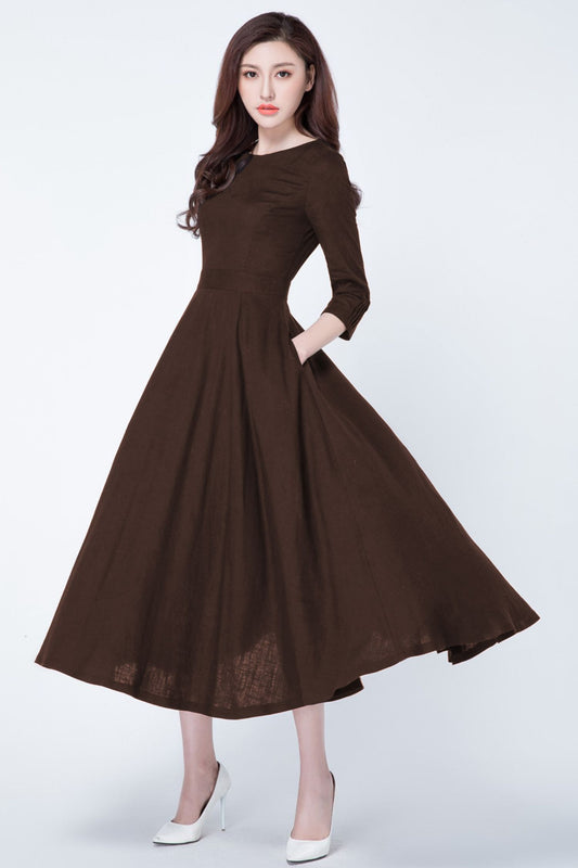 Brown Linen Midi Dress – Fit and Flare 3/4 Sleeve Dress with Pockets 6315