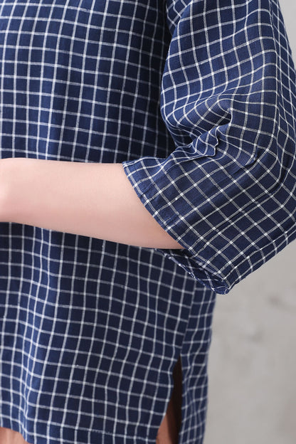 Navy Check Linen Blouse – Loose Fit Summer Top with 3/4 Sleeves 3336
