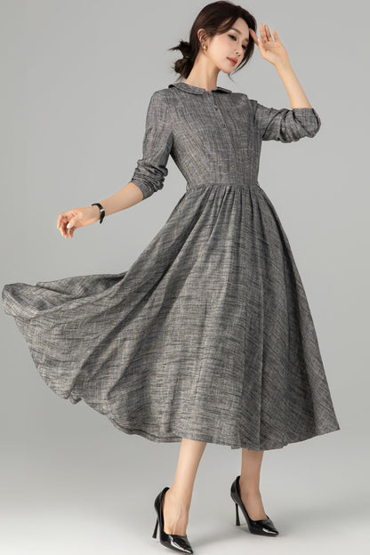 Gray Linen & Cotton A-Line Midi Dress - Button-Up with Waist Belt 5710
