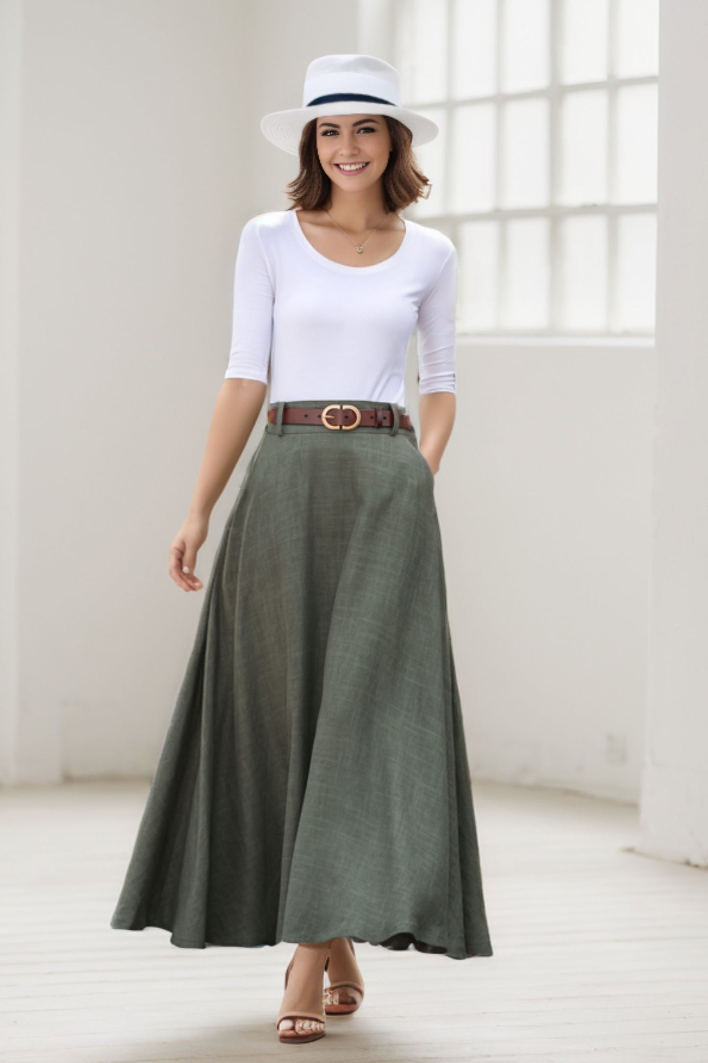 Green A Line Maxi  Linen Skirt with Pockets  2784