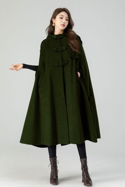 Wool Hooded Cape Coat – Vintage Mid-Length Winter Cloak 5252
