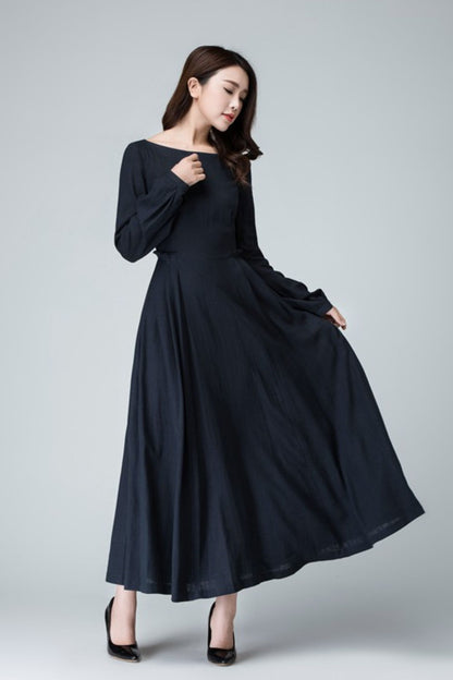 Blue Linen Maxi Dress - Flared Skirt & Boat Neckline 1465