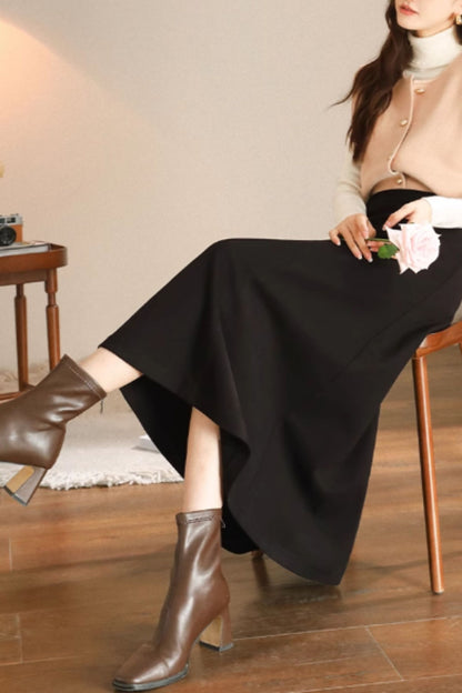 Black Wool Midi Skirt - A-Line Silhouette 5468