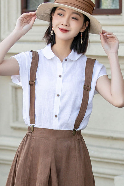 White Linen Shirt Top - Loose Fit, Lapel Collar 4921