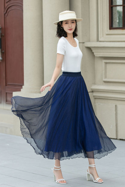 Blue Chiffon Midi Skirt - A-Line Swing with Elastic Waistband 5109