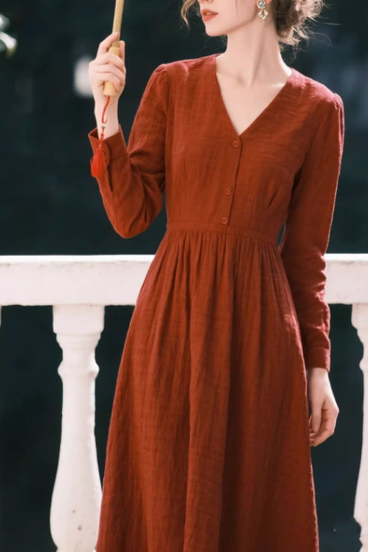 V-Neck Linen Midi Dress – Elegant Rust Red Summer Style | Xiaolizi 6642