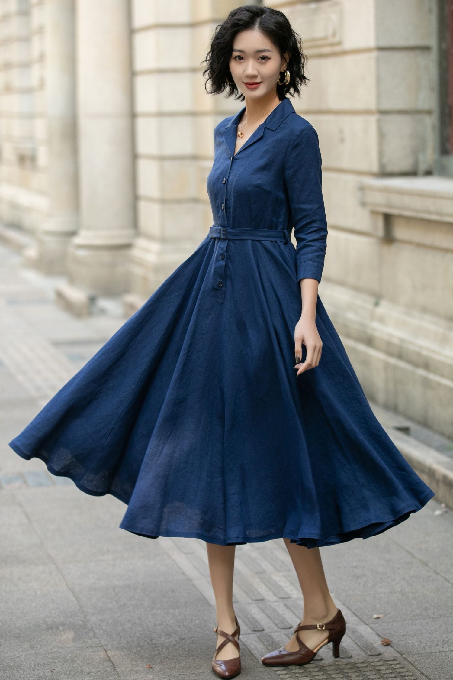 Navy Linen Shirt Dress for Women, Xiaolizi Belted A-Line Dress 5682