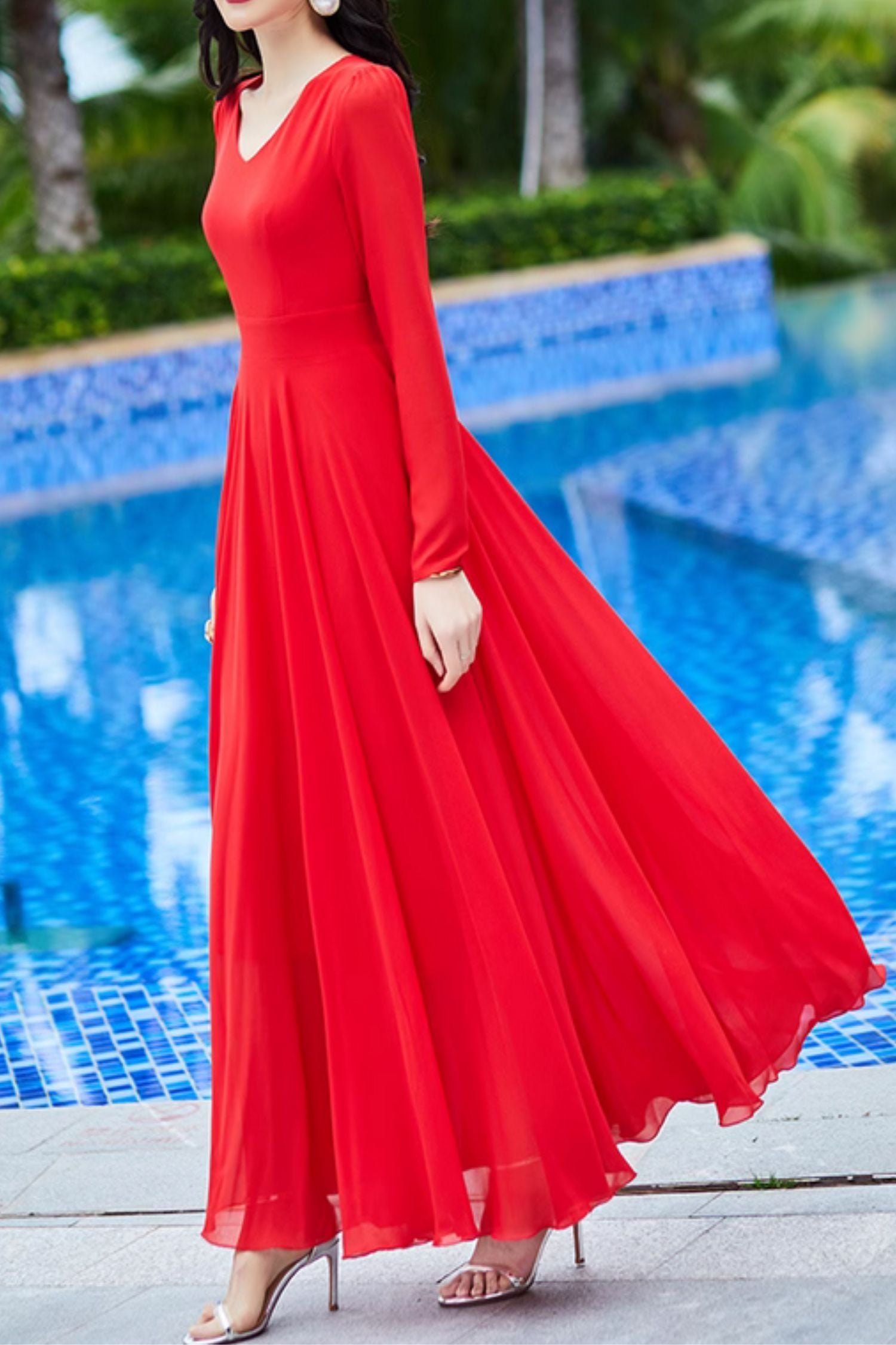 Long sleeves fit and flare maxi chiffon dress 4998 Xiaolizi Long sleeves fit and flare maxi chiffon dress 4998 Xiaolizi
