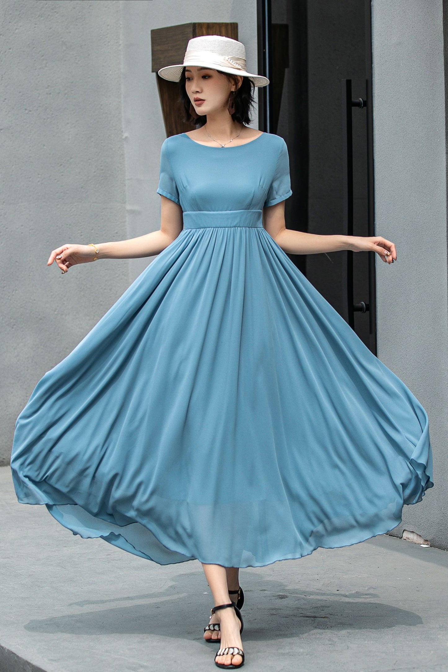 Hight waist Blue chiffon maxi dress 5862