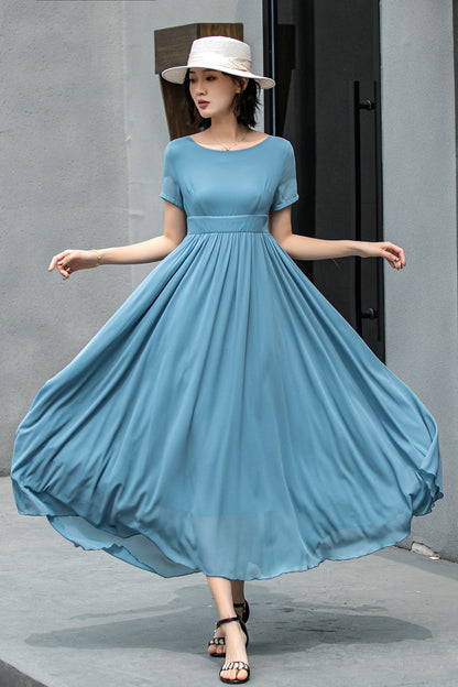 Hight waist Blue chiffon maxi dress 5862