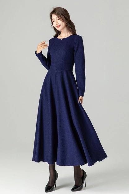 Navy Blue Wool Blend Midi Dress – Handmade Fit & Flare Winter Elegance 4493
